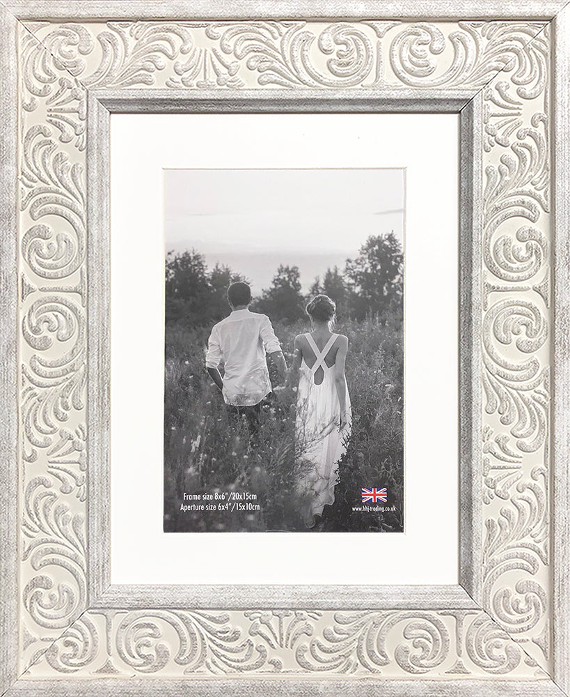 Shabby Chic Provence Cream / Grey Distressed Ornate Wedding Photo Frame 8x6'' For 6x4'' With Soft Cream Mount - photoframesandart