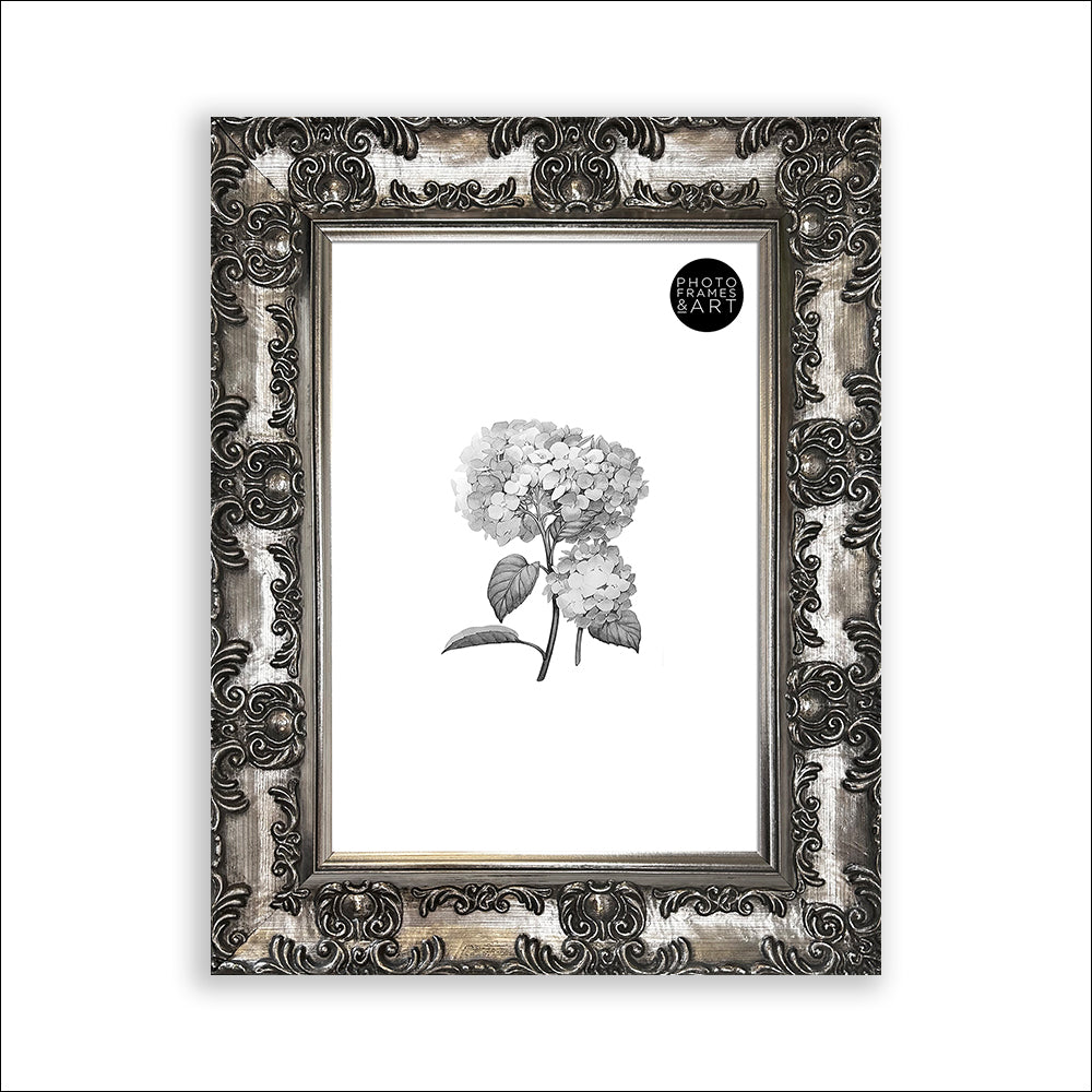 Gunmetal A4 Antique Photo Frame with Glass and Photo of Flower and PF&A Logo 