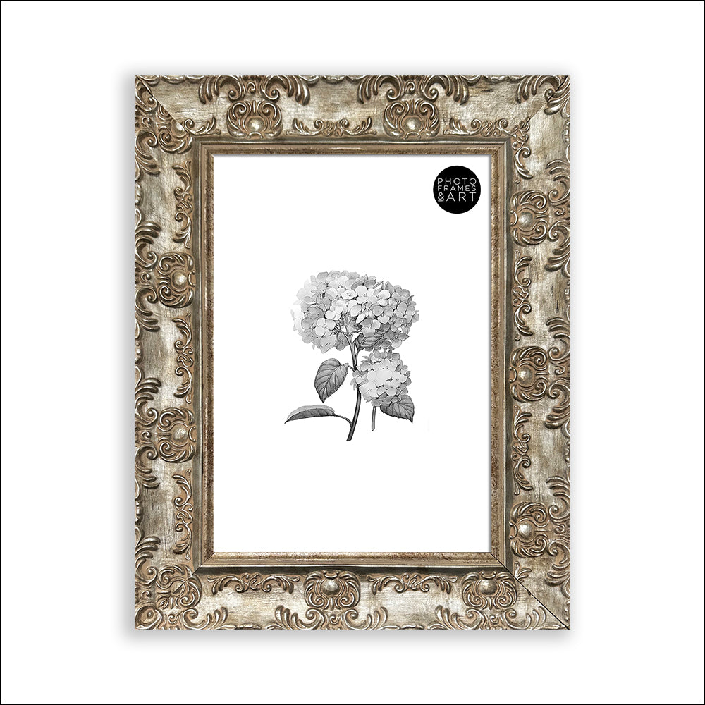Silver A4 Antique Photo Frame with Glass and Photo of Flower and PF&A Logo