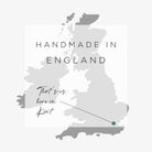 Handmade In England Text on top of a Map of England with a Pinpoint on Kent 